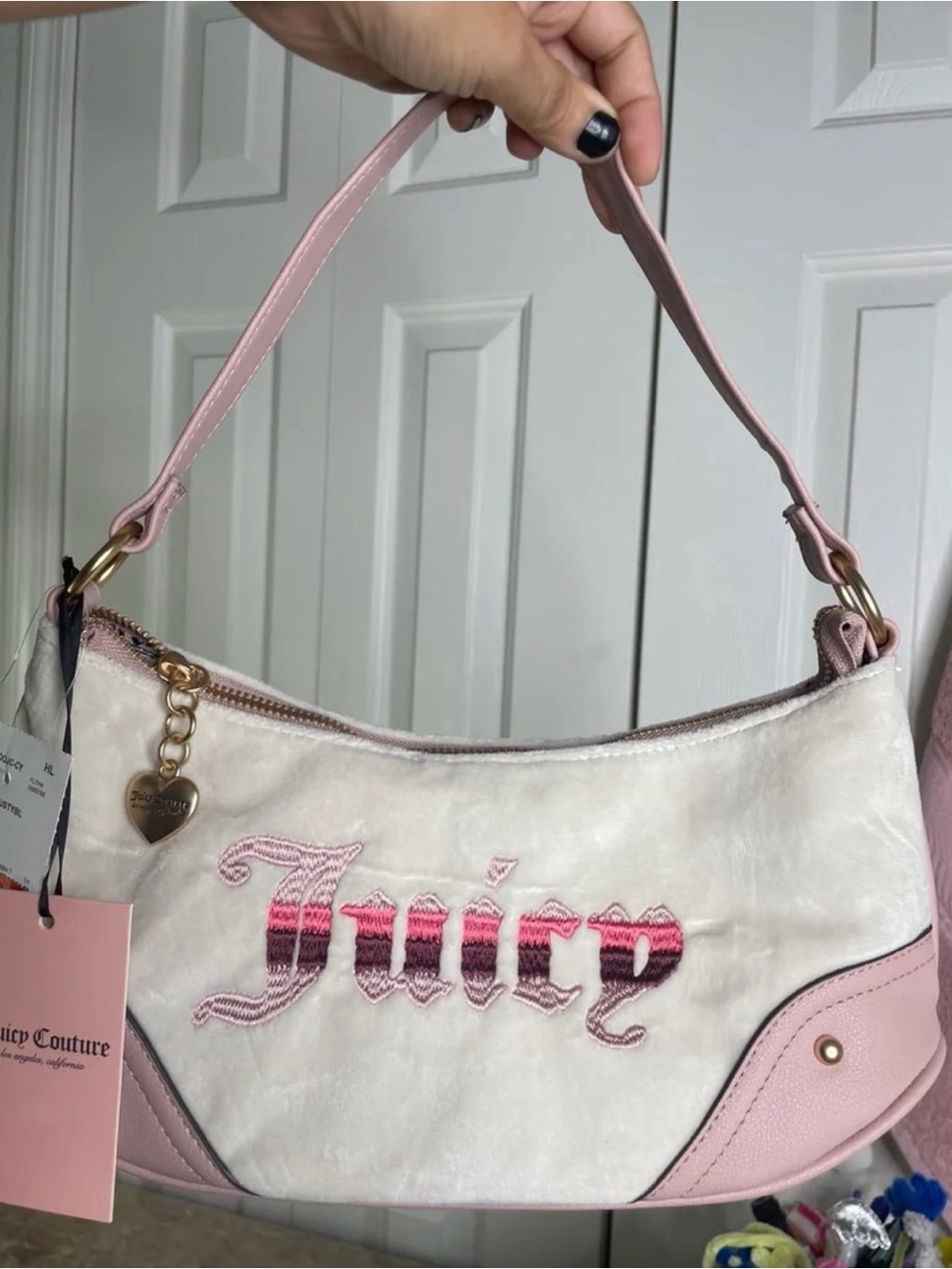NWT * Juicy Couture Retro Vibe Velour Shoulder Bag w/ Heart Charm, Gold Hardware